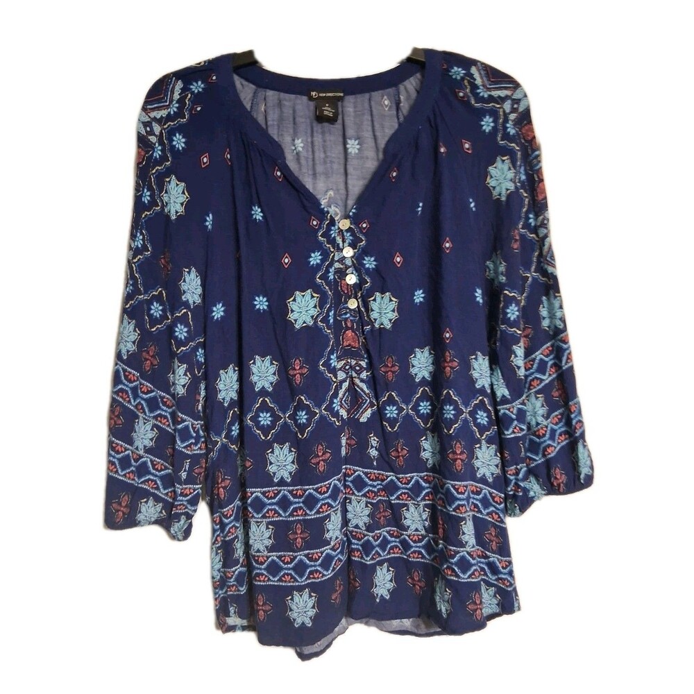 Women's New Directions 3/4 Sleeve Navy Peasant Blouse Top Size S